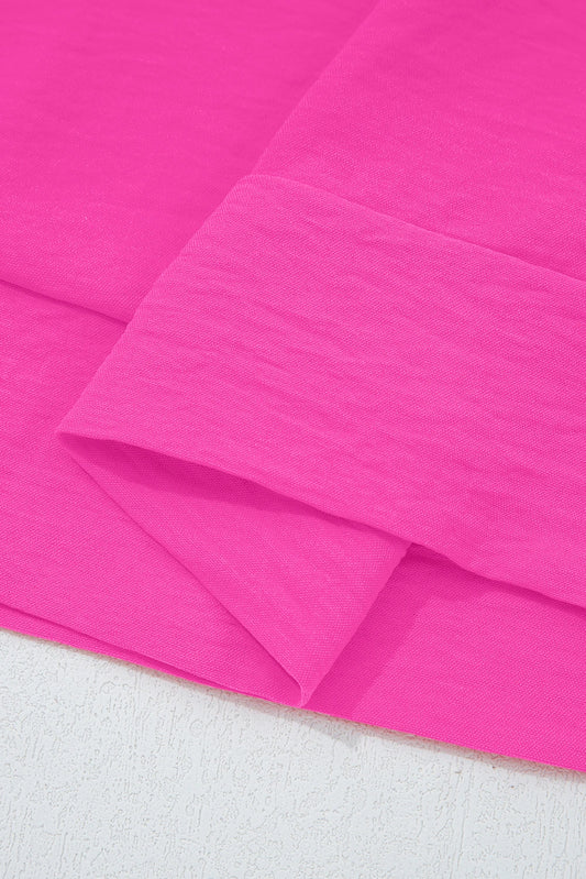 PREORDER: Bright Pink Frilled V Neckline Bracelet Sleeve Crinkled Blouse (Ships 21-28 Business Days)