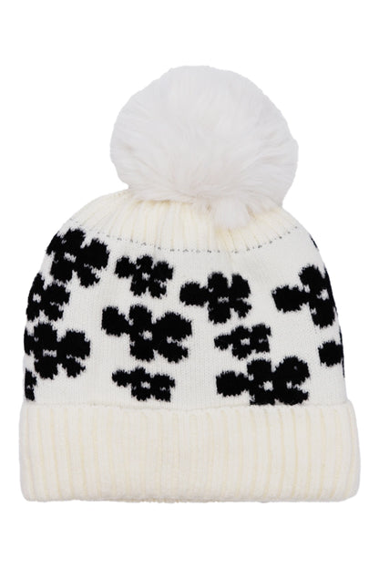 Daisy Floral Cable Knitted Fleece Lined Beanie