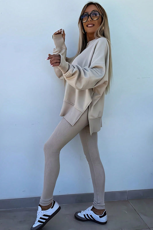PREORDER: Oversize Slit Sweatshirt Ribbed Leggings 2pcs Set (Ships 3-4 Weeks)