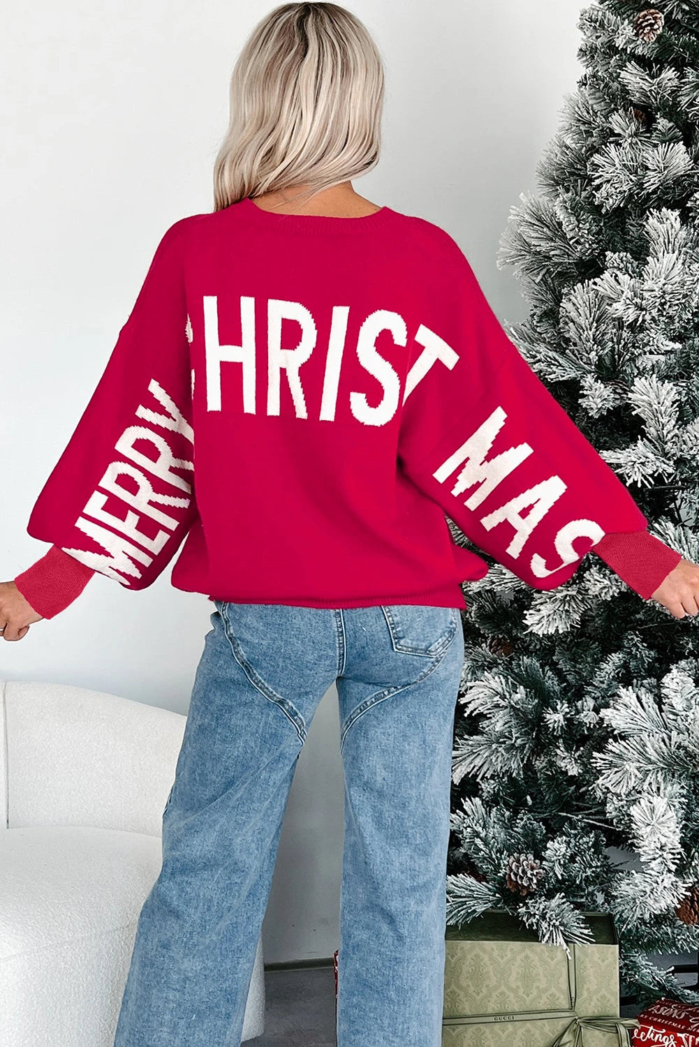 PREORDER: Fiery Red HO HO HO MERRY CHRISTMAS Drop Shoulder Loose Sweater (Ships 21-28 Business Days)