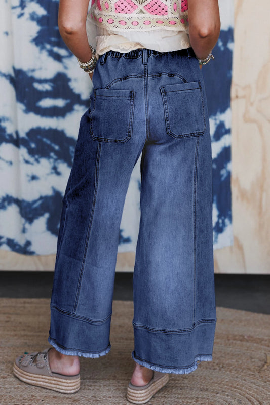 PREORDER: Prussian Blue Drawstring Seam Detail Raw Hem Wide Leg Denim Pants (Ships in 21-28 Business Days)