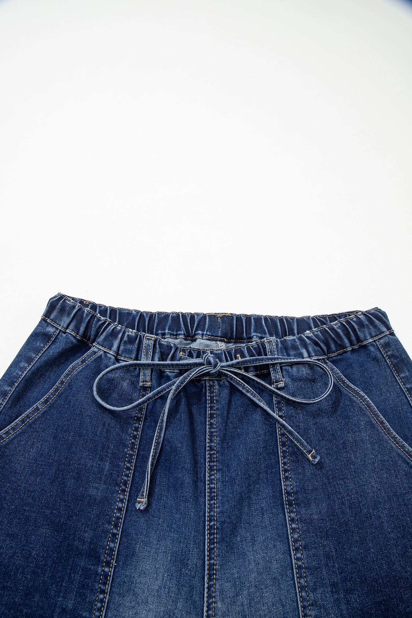 PREORDER: Prussian Blue Drawstring Seam Detail Raw Hem Wide Leg Denim Pants (Ships in 21-28 Business Days)