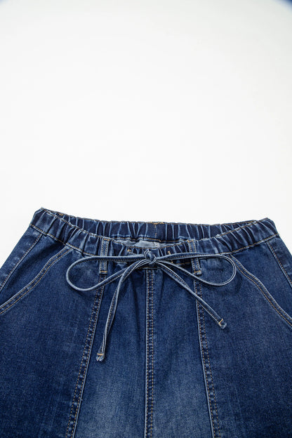 PREORDER: Prussian Blue Drawstring Seam Detail Raw Hem Wide Leg Denim Pants (Ships in 21-28 Business Days)