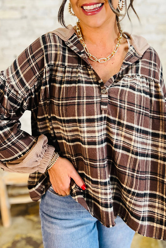 PREORDER: Brown Plaid Patchwork Long Sleeve Button Hooded Blouse (Ships 3-4 Weeks)