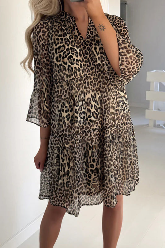 PREORDER: Leopard 3/4 Sleeve V Neck Swing Dress (Ships 3-4 Weeks)