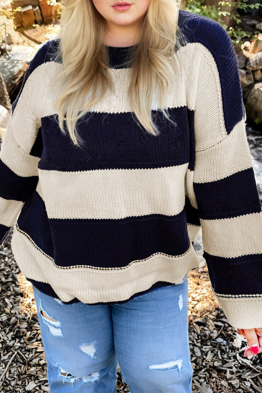 PREORDER: Blue Stripe Plus Size Drop Shoulder Sweater (Ships 3-4 Weeks)