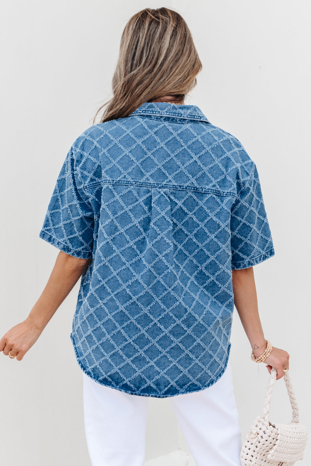 PREORDER: Dusk Blue Checkered Textured Short Sleeve Patched Pocket Denim Shirt (Ships 2-4 weeks)