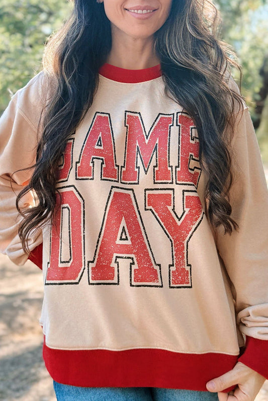 PREORDER: Oatmeal & Red GAME DAY Varsity Oversized Sweatshirt (Ships 2-4 Weeks)