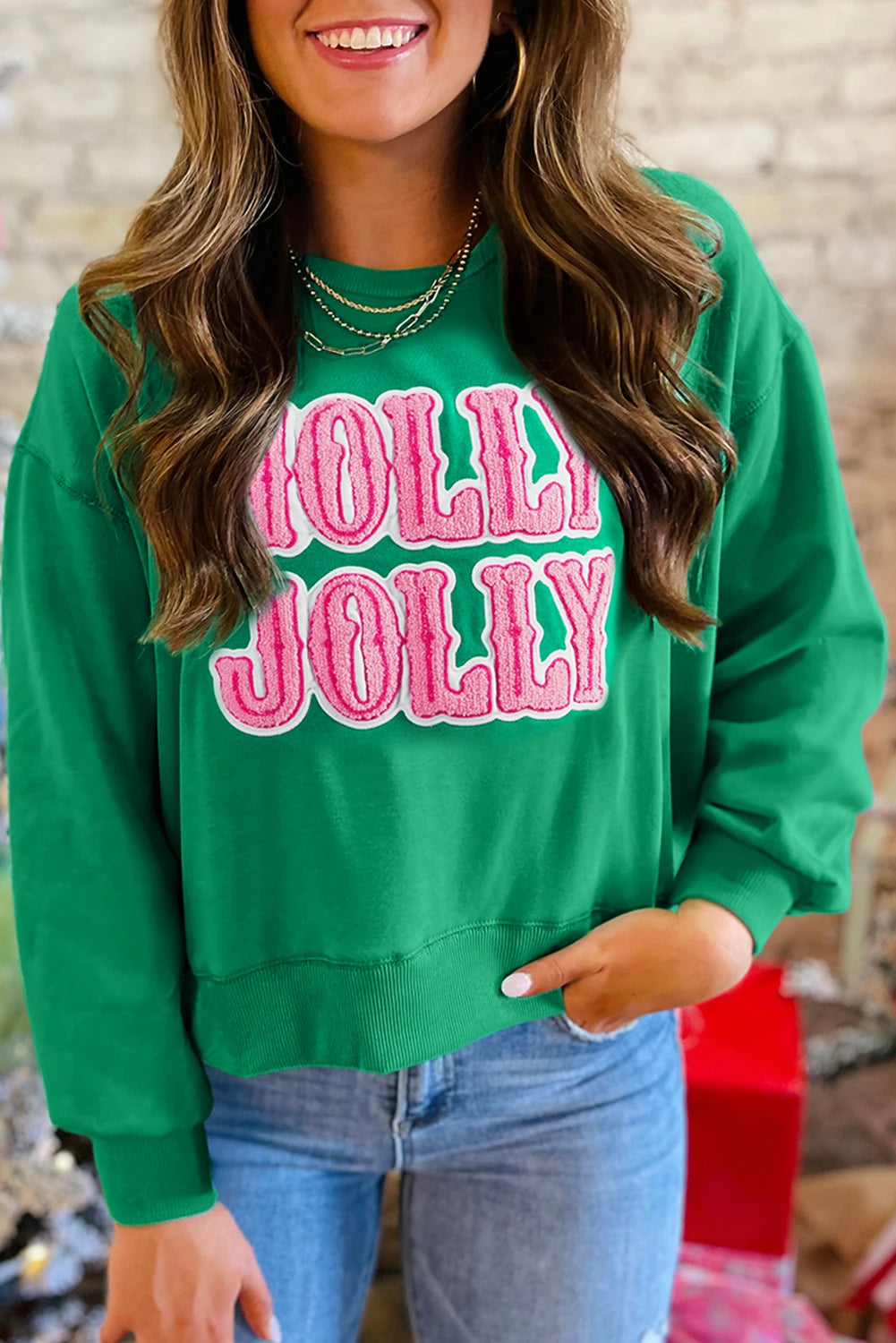 PREORDER: Sea Green HOLLY JOLLY Towel Embroidered Christmas Holiday Sweatshirt (Ships 21-28 Business Days)