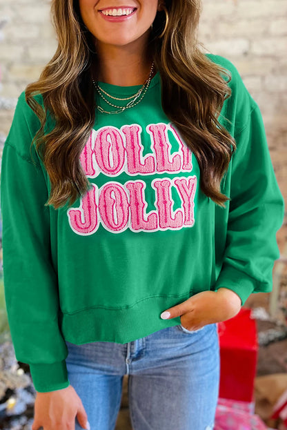 PREORDER: Sea Green HOLLY JOLLY Towel Embroidered Christmas Holiday Sweatshirt (Ships 21-28 Business Days)