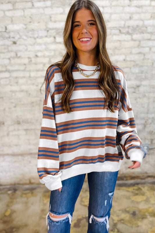 PREORDER: Brown Stripe Crew Neck Drop Shoulder Pullover Sweatshirt (Ships 3-4 Weeks)