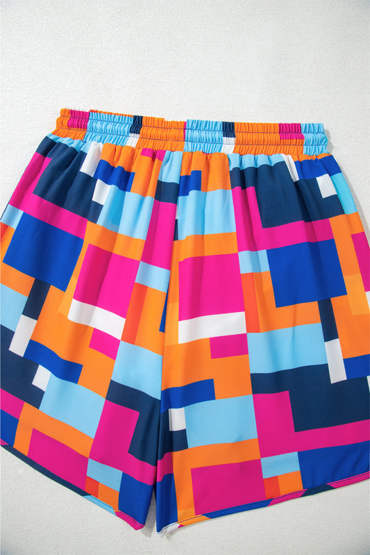 PREORDER: Rose Geometric Printed Drawstring Waist Beach Shorts with Pockets (Ships 2-5 weeks)
