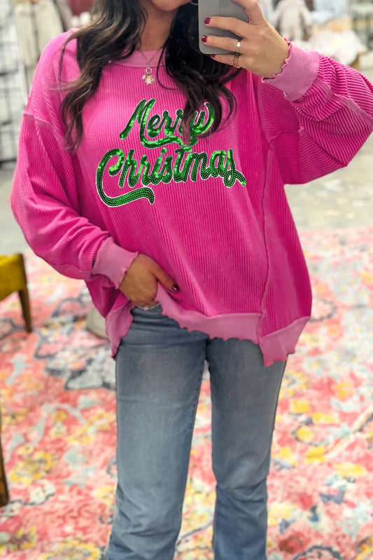 PREORDER: Strawberry Pink Ribbed Texture Merry Christmas Sequin Letter Graphic Top (Ships 21-28 Business Days)