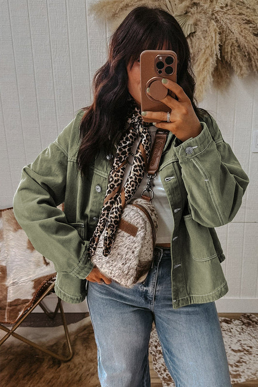 PREORDER: Green Patched Pocket Boyfriend Denim Jacket (Ships 3-4 Weeks)