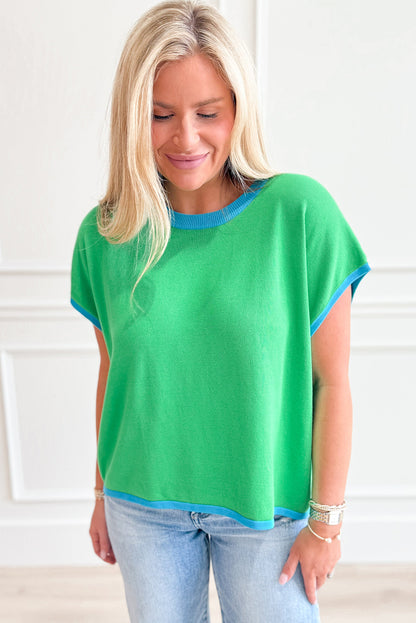 PREORDER: Green Contrast Trim Round Neck Short Sleeve Loose Knit Sweater (Ships 2-4 Weeks)