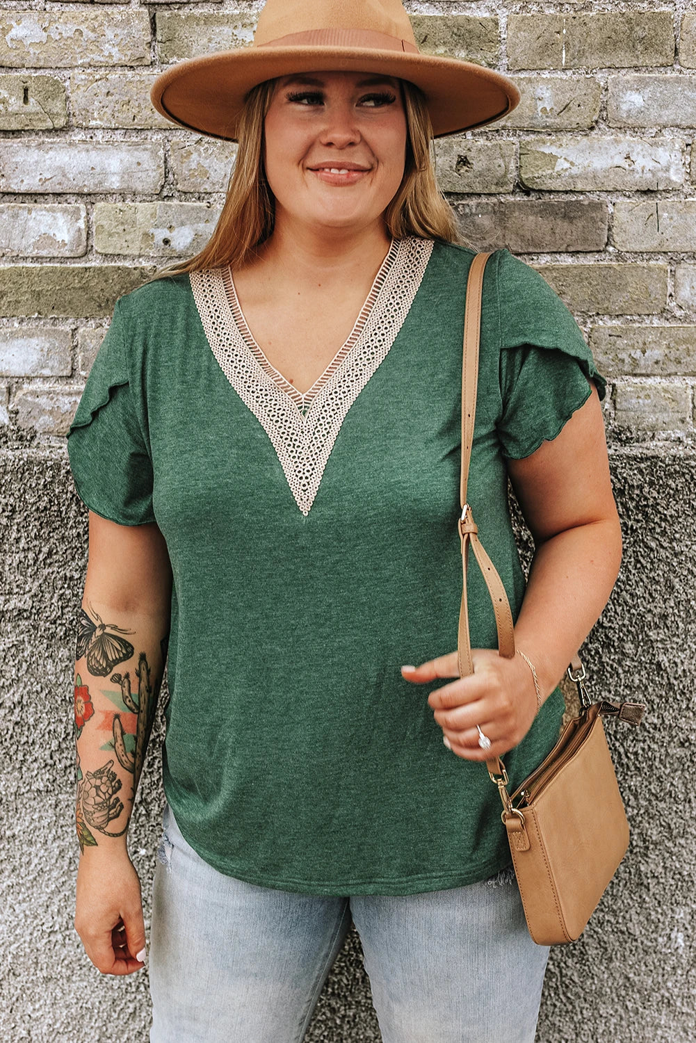 Green Plus Size Embroidery V Neck Draped Sleeve Blouse