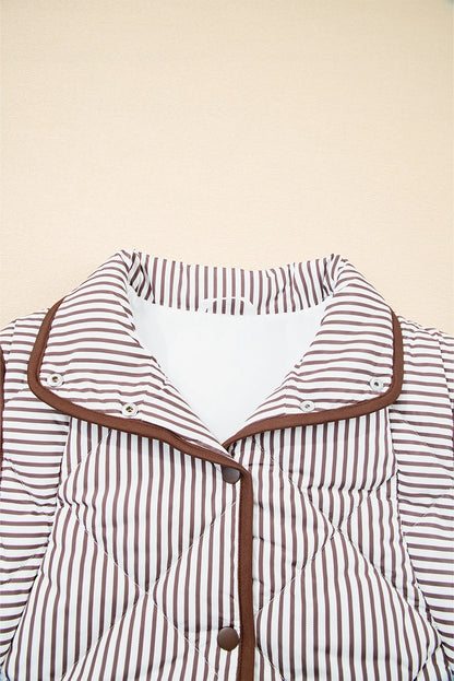 Brown Stripe Contrast Trim Snap Button Collared Winter Vest
