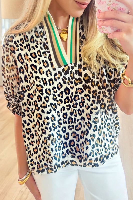 PREORDER: Khaki Leopard Color Block Contrast Striped V Neck Half Sleeve Loose Fit Blouse (Ships 2-4 Weeks)
