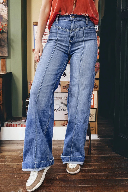 PREORDER: Beau Blue Tailored Center Seam Detail Straight Loose High Rise Jeans (Ships in 21-28 Business Days)