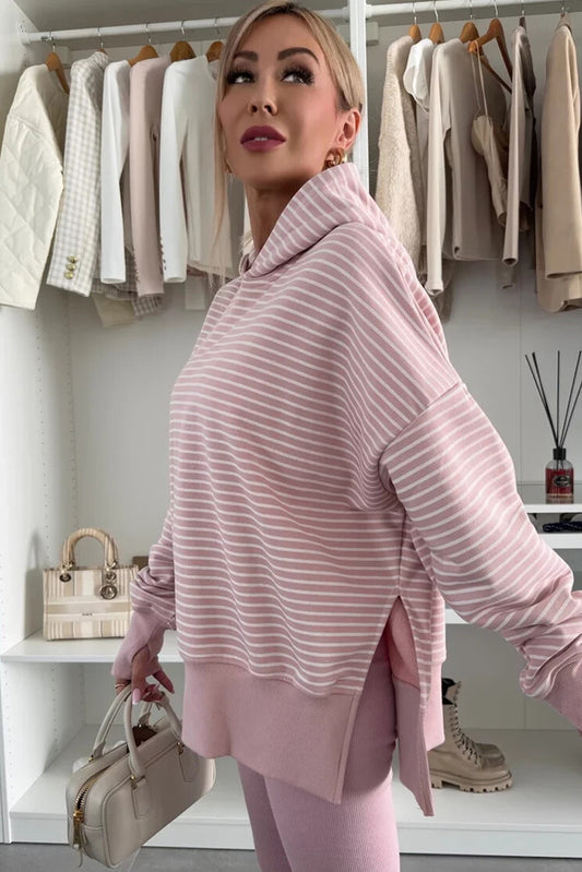 PREORDER: Purple Stripe Thumbhole Side Slits Drop Shoulder Loose Fit Hoodie (Ships 3-4 Weeks)