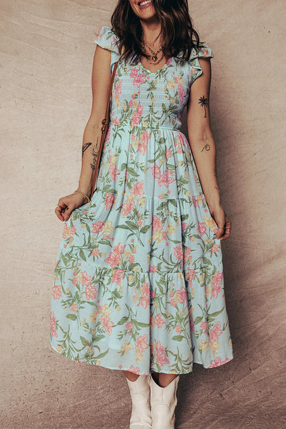 PREORDER: Smocked Bodice Ruffled Sleeveless Tiered Floral Maxi Dress (Ships 21-28 Business Days)