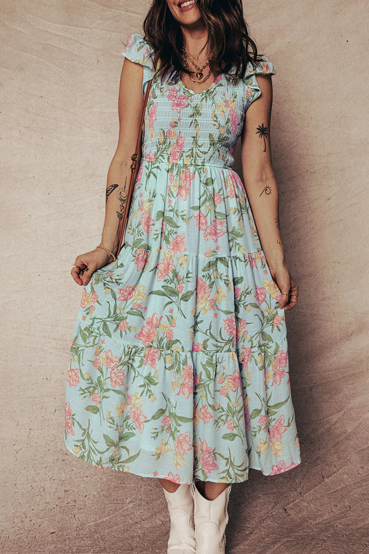 PREORDER: Smocked Bodice Ruffled Sleeveless Tiered Floral Maxi Dress (Ships 21-28 Business Days)