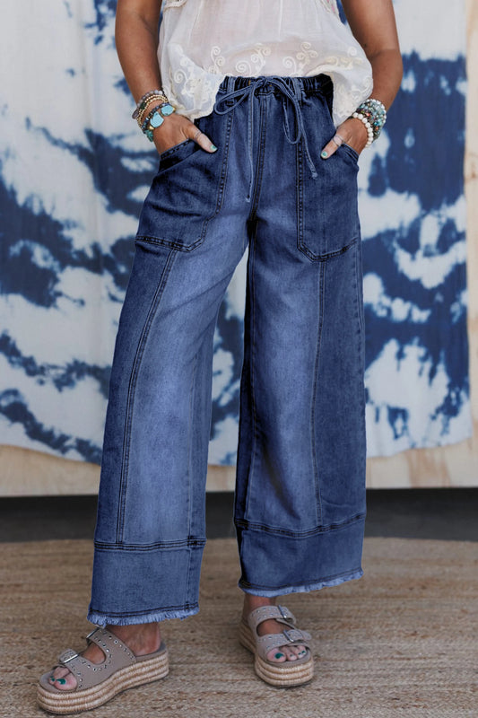 PREORDER: Prussian Blue Drawstring Seam Detail Raw Hem Wide Leg Denim Pants (Ships in 21-28 Business Days)