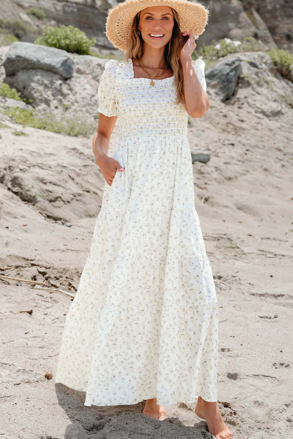 PREORDER: White Frilly Shirred Bodice Tiered Floral Maxi Dress (Ships 21-28 Business Days)
