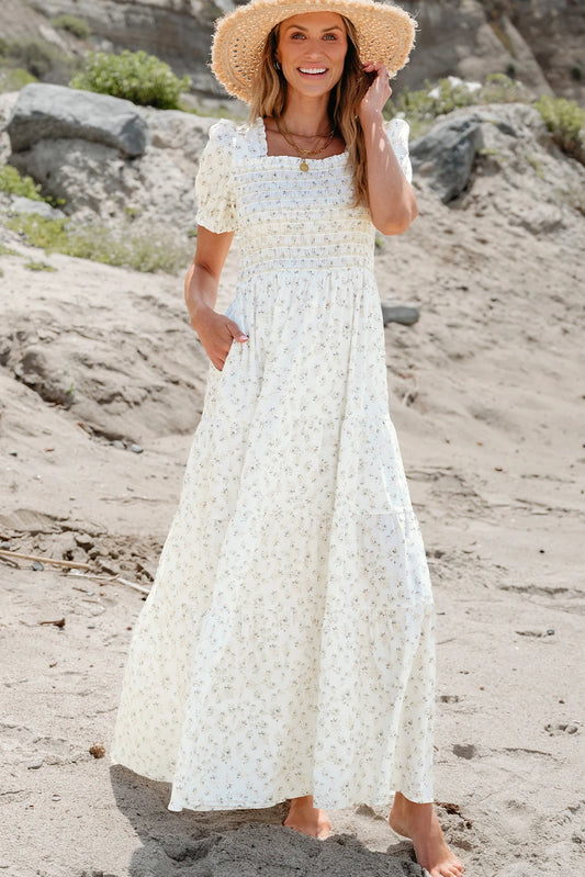 PREORDER: White Frilly Shirred Bodice Tiered Floral Maxi Dress (Ships 21-28 Business Days)