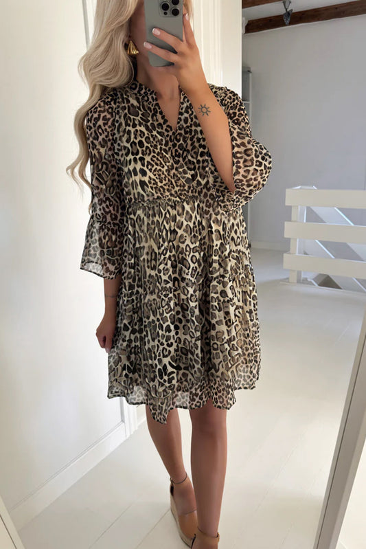 PREORDER: Leopard 3/4 Sleeve V Neck Swing Dress (Ships 3-4 Weeks)
