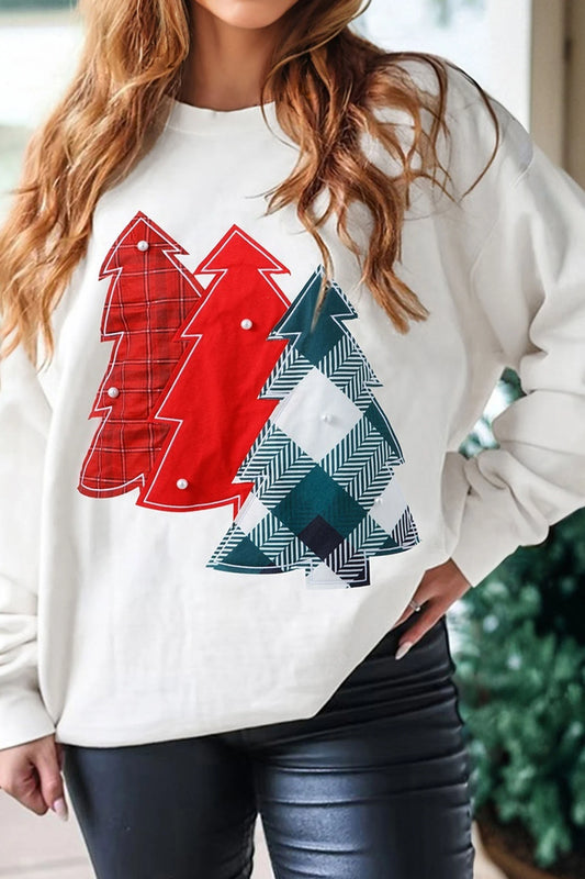 PREORDER: White Pearl Plaid Christmas Tree Patched Drop Shoulder Sweatshirt (Ships 21-28 Business Days)