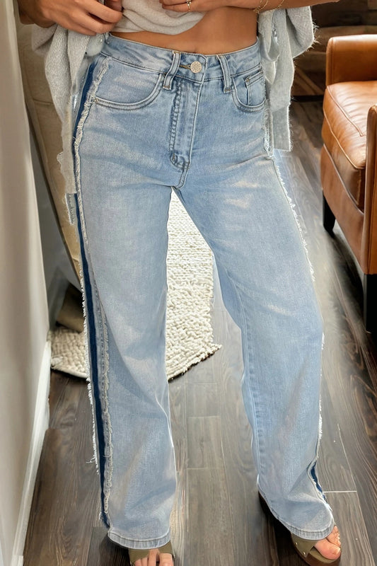 PREORDER: Contrast Stripe Frayed Side Panel Patchwork Shift Jeans (Ships in 21-28 Business Days)