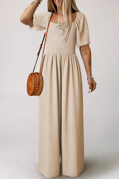 PREORDER: Apricot Short Bubble Sleeve Smocked Wide Leg Jumpsuit (Ships 21-28 Business Days)
