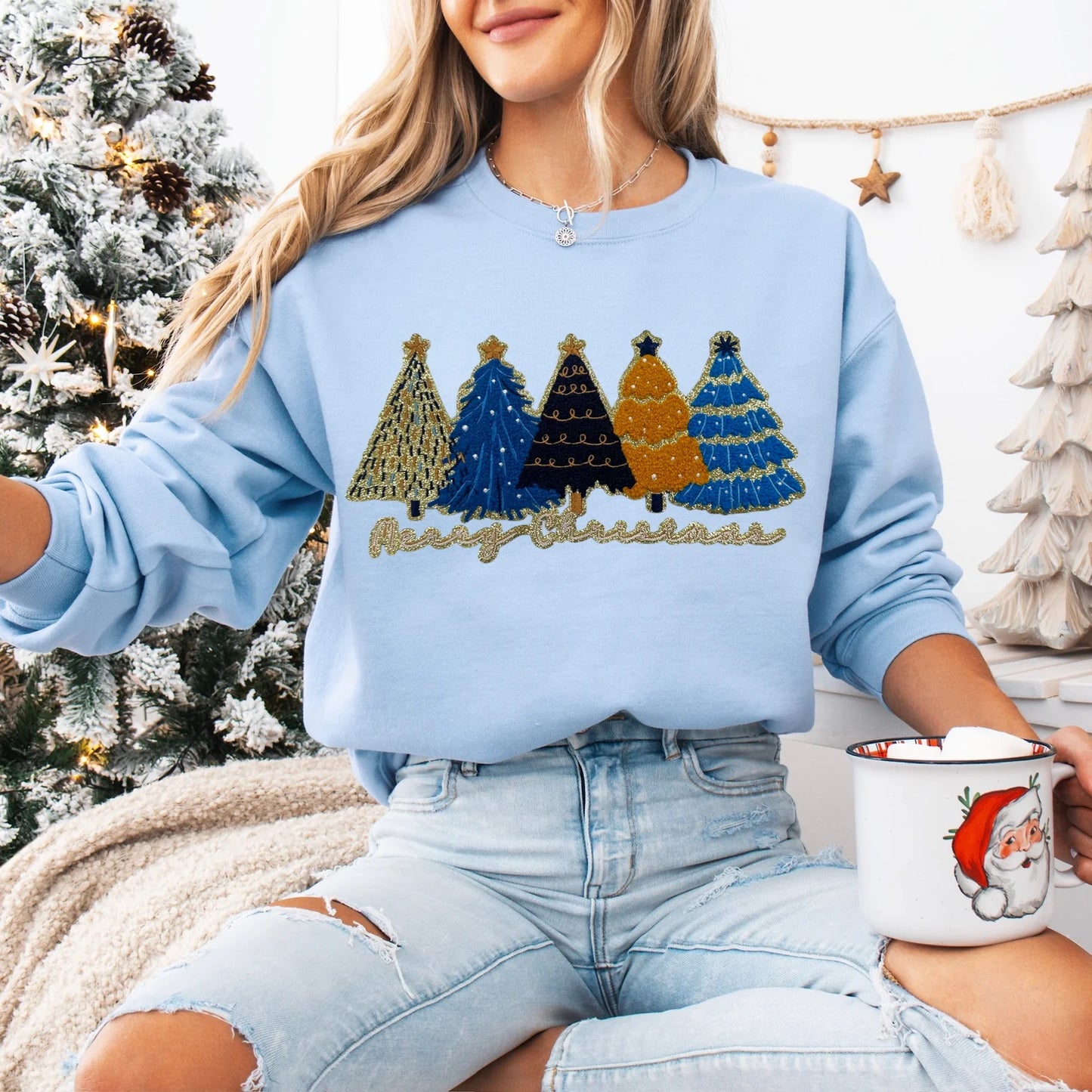 Blue Christmas Tree Chenille Patch Crewneck