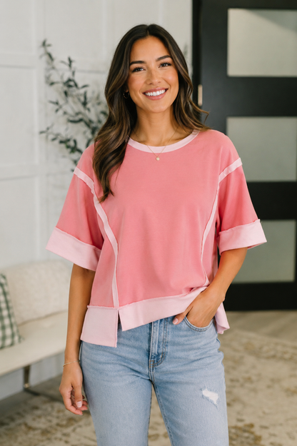 Like Two Old Friends Exposed Seam Top in Pink