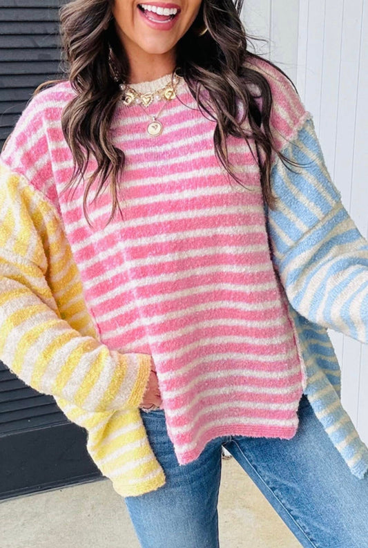 PREORDER: Multicolor Colorblock Striped Cozy Slit Sweater (Ships 2-4 Weeks)