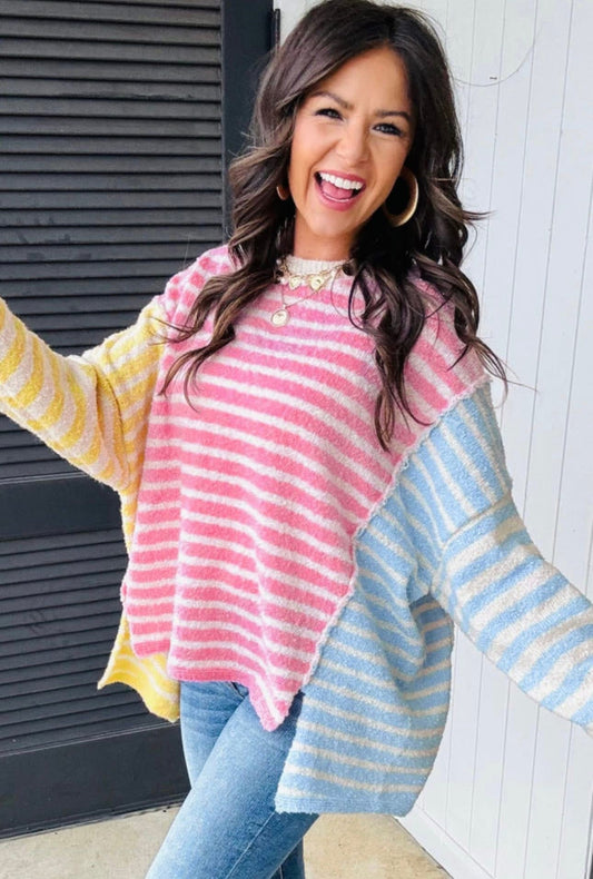 PREORDER: Multicolor Colorblock Striped Cozy Slit Sweater (Ships 2-4 Weeks)