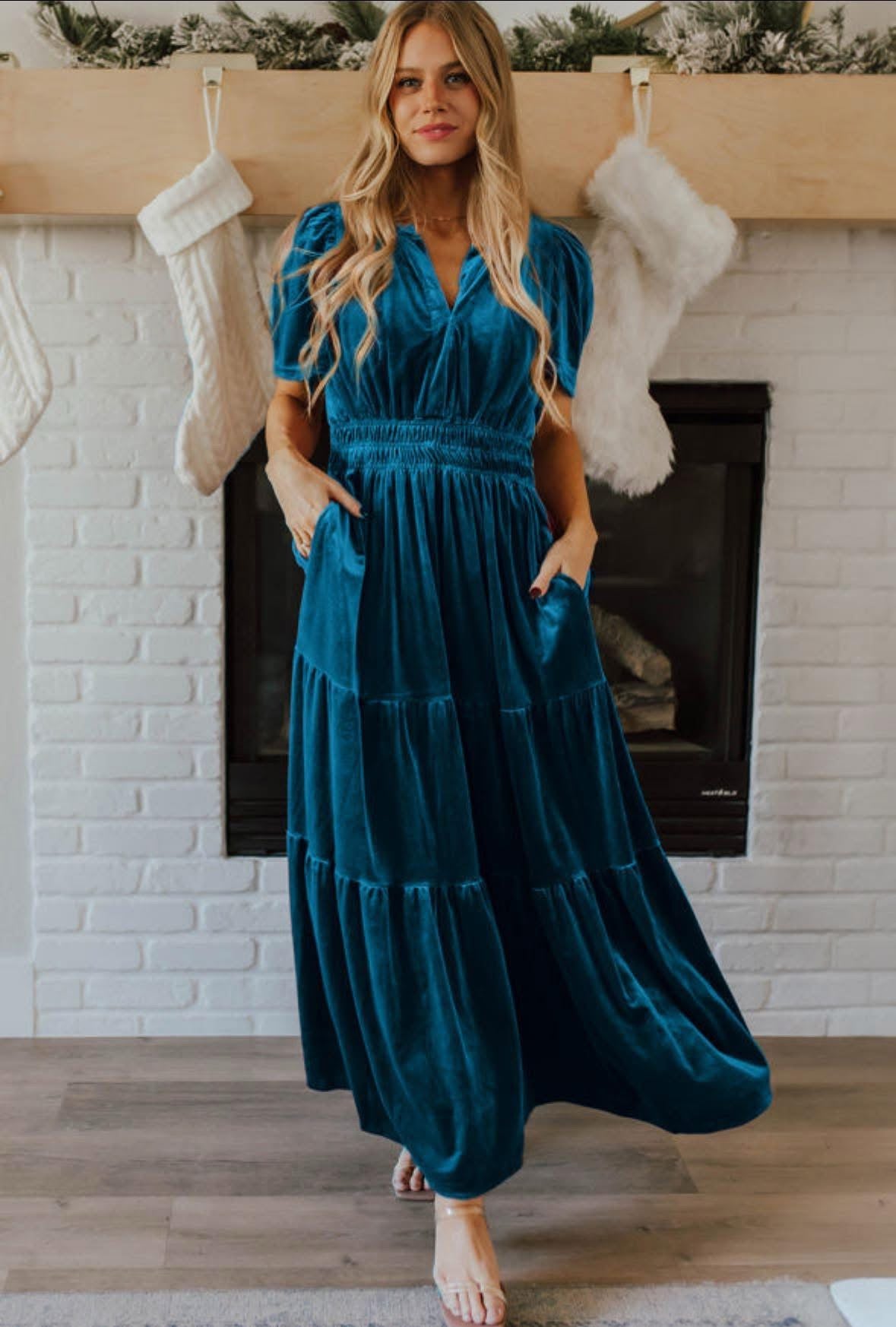 PREORDER: Blue Velvet Short Sleeve Maxi Dress (Ships 21-28 Business Days)