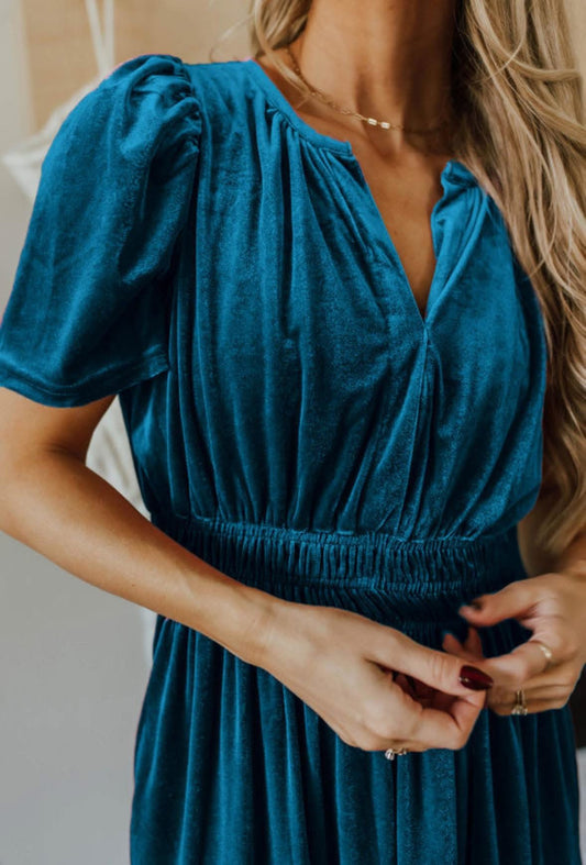 PREORDER: Blue Velvet Short Sleeve Maxi Dress (Ships 21-28 Business Days)