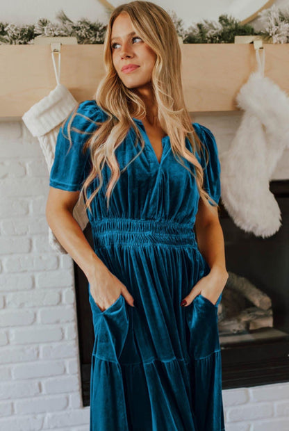 PREORDER: Blue Velvet Short Sleeve Maxi Dress (Ships 21-28 Business Days)