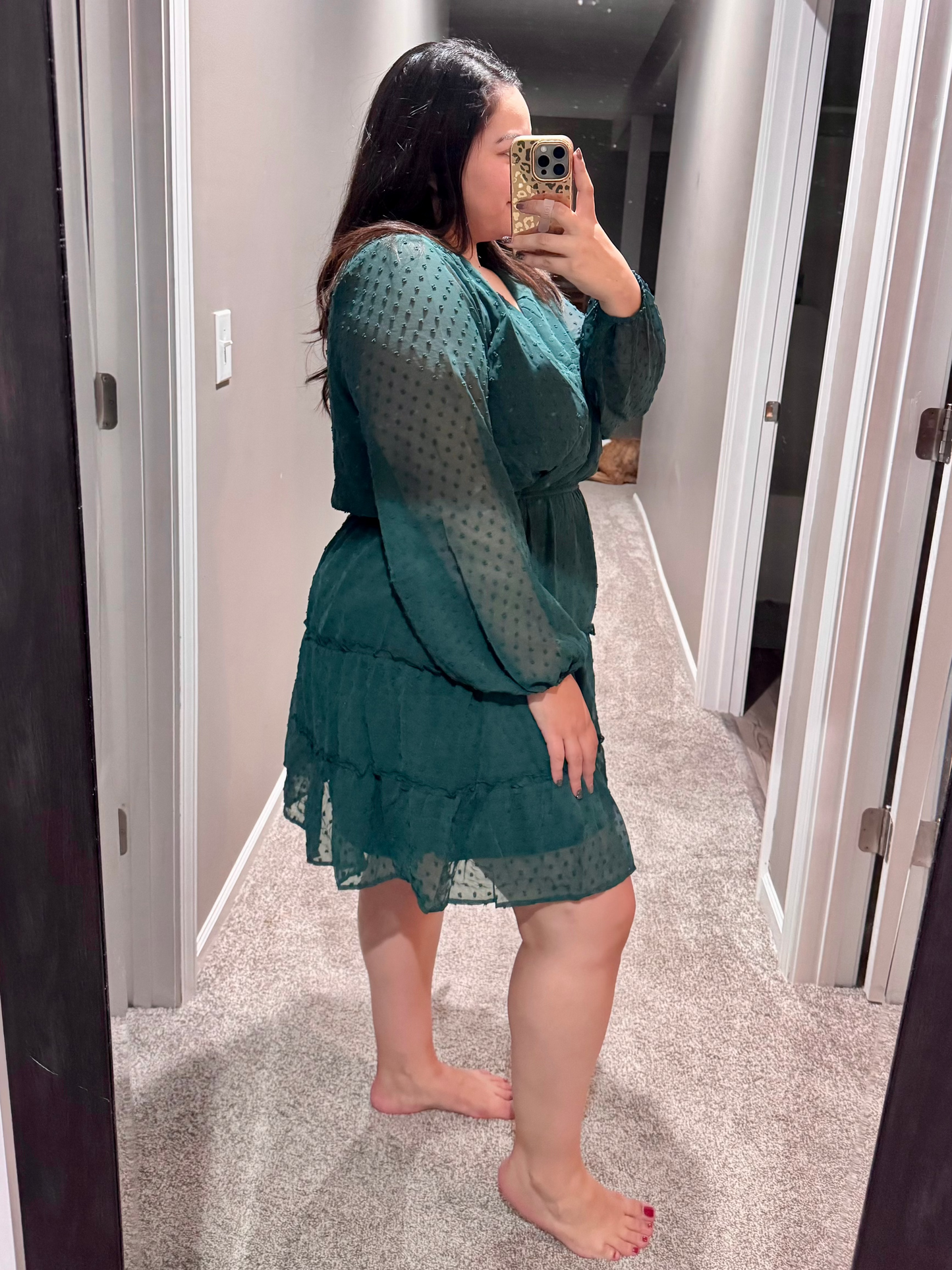 Starlit Glow V-Neck Tiered Dress in Hunter Green