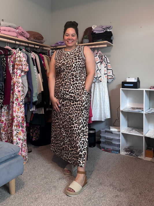 PREORDER: Black Contrast Striped Trim Leopard Sleeveless Maxi Dress (Ships 2-4 weeks)