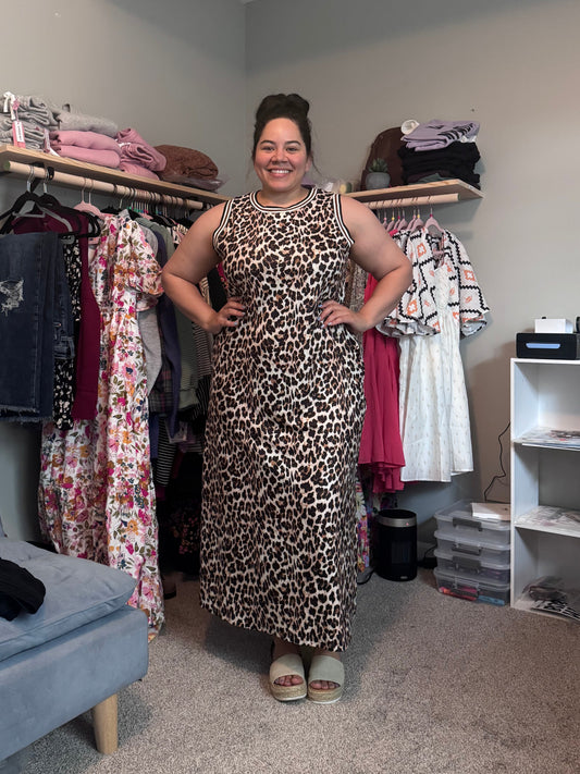 PREORDER: Black Contrast Striped Trim Leopard Sleeveless Maxi Dress (Ships 2-4 weeks)