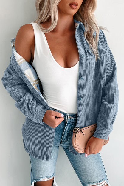 Blue Plaid Corduroy Reversible Button Up Shacket