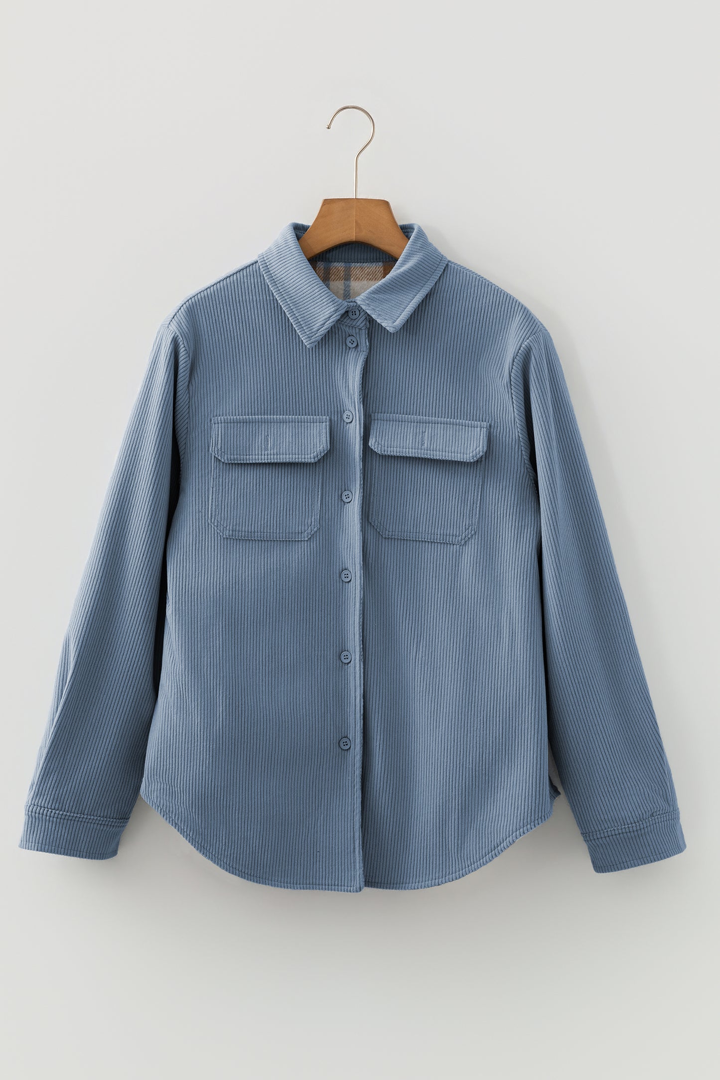 Blue Plaid Corduroy Reversible Button Up Shacket