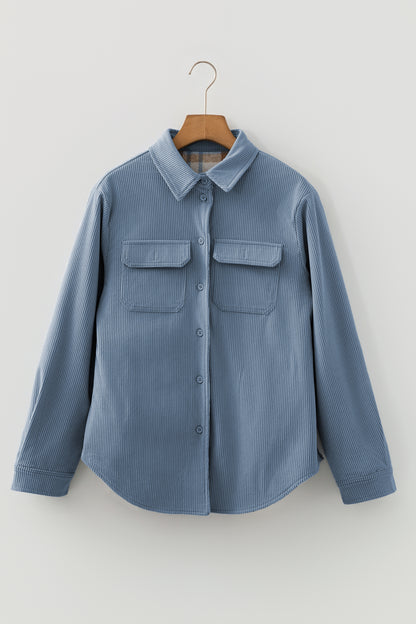 Blue Plaid Corduroy Reversible Button Up Shacket