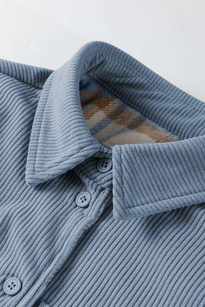 Blue Plaid Corduroy Reversible Button Up Shacket