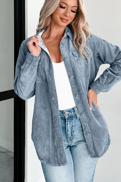Blue Plaid Corduroy Reversible Button Up Shacket