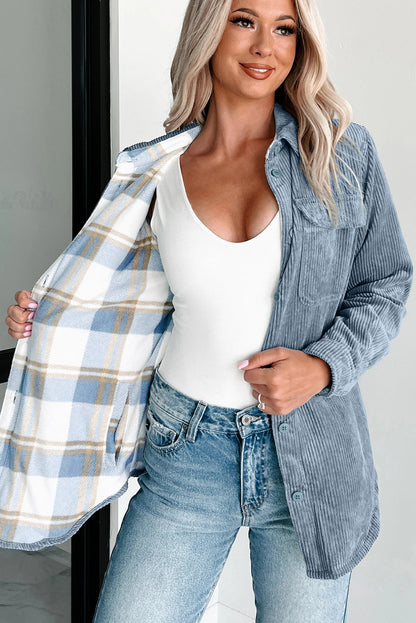 Blue Plaid Corduroy Reversible Button Up Shacket