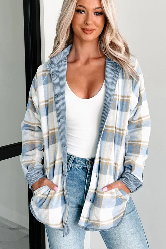 Blue Plaid Corduroy Reversible Button Up Shacket